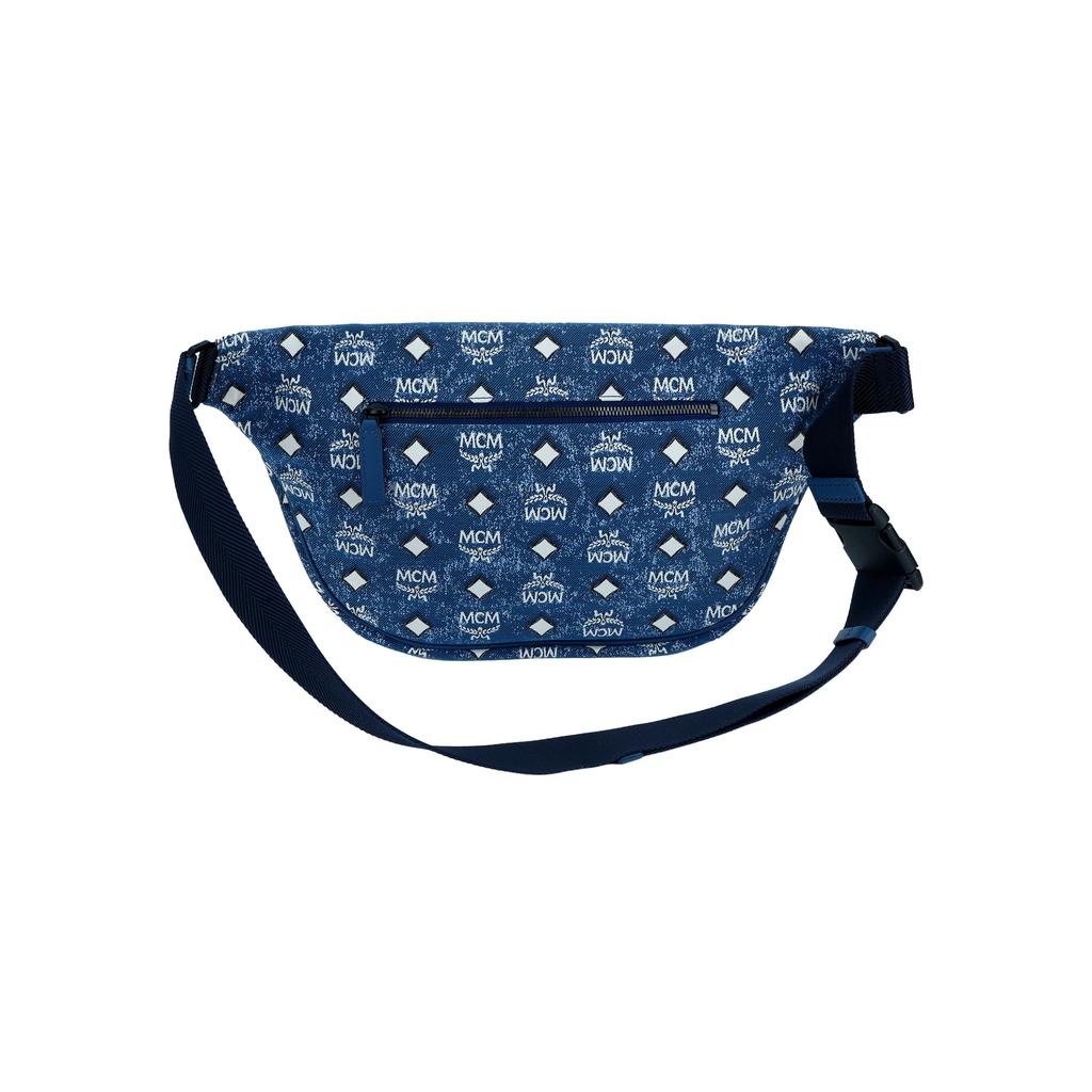 New MCM Fursten Visetos Denim Jacquard Nappa Leather Trim Shoulder Bag, Crossbody Bag, Fanny Pack Regular Women's Blue MMZDSFI01LE001