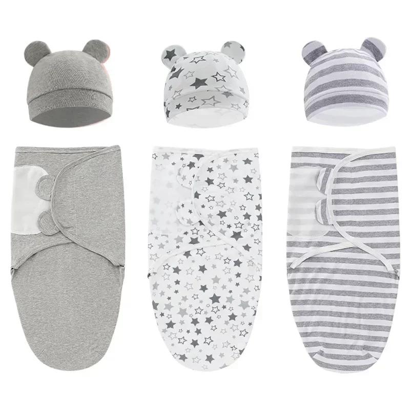 Baby Baumwoll-Swaddle-Decke 0-6 Monate Neugeborenes Anti-Schreck-Fotografie-Decke Wickeltuch Mützen-Set Anti-Strampeln Steppdecke Neugeborenen Geschenke