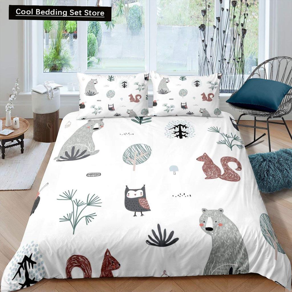 3D Squirrel King Queen Duvet Cover Soft Wildlife Green Leaves Bedding Set for Kids Teens Adults 2 3pcs