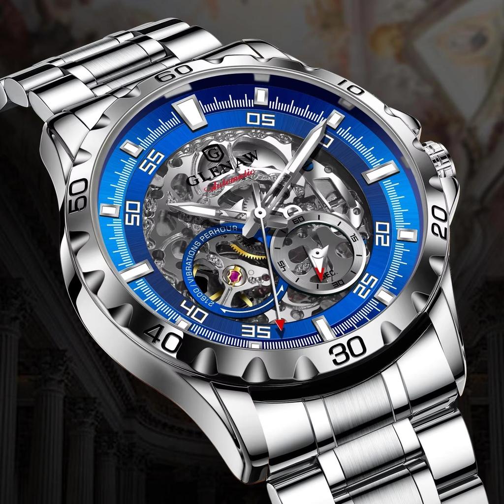 Man Steampunk Skeleton Fully Automatic Mechanical Watch Luminous Waterproof Stainless Steel Strap