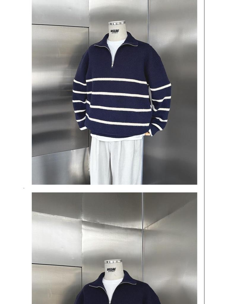 Men's Casual Striped Half-Zip Pullover Sweater - Stand-up Collar, Versatile Autumn/Winter Knitwear with High-End Feel