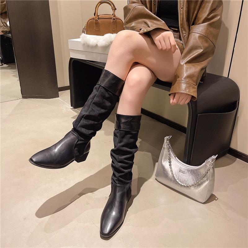 Huge good-looking retro long boots tall boots pleated stacking boots 2025 new pointed thin thick heel knight boots women