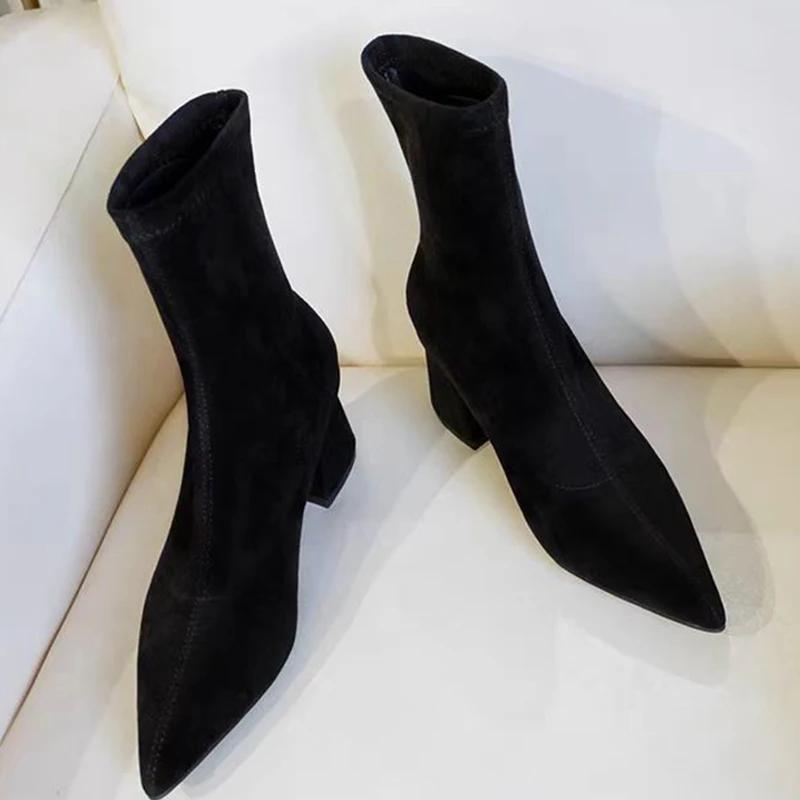 

Замшевые женские ботильоны с острым носком на высоком каблуке, модные женские ботинки 2025 года, трендовые зимние дизайнерские прогулочные элегантные сексуальные женские ботинки 39
