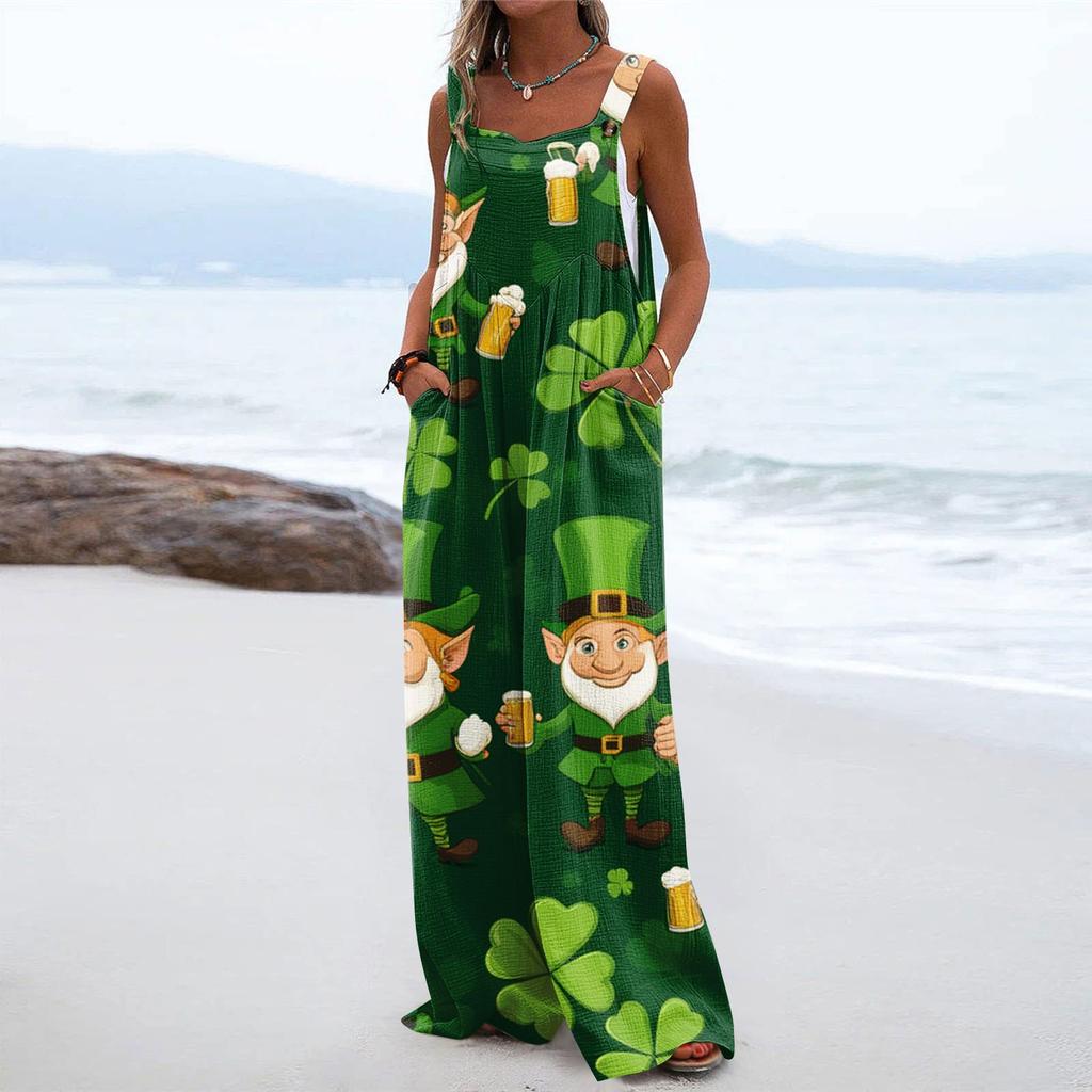 Salopete cu picioare late pentru femei Salopete lejer fără mâneci St. Salopetă cu pantaloni lungi, cu nasturi, cu buzunare, de ziua lui Patrick