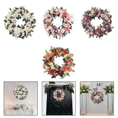 Silk Peony Rose Artificial Wreath Round Floral Garland Home Decoration for Front Door Window Wedding Birthday Event