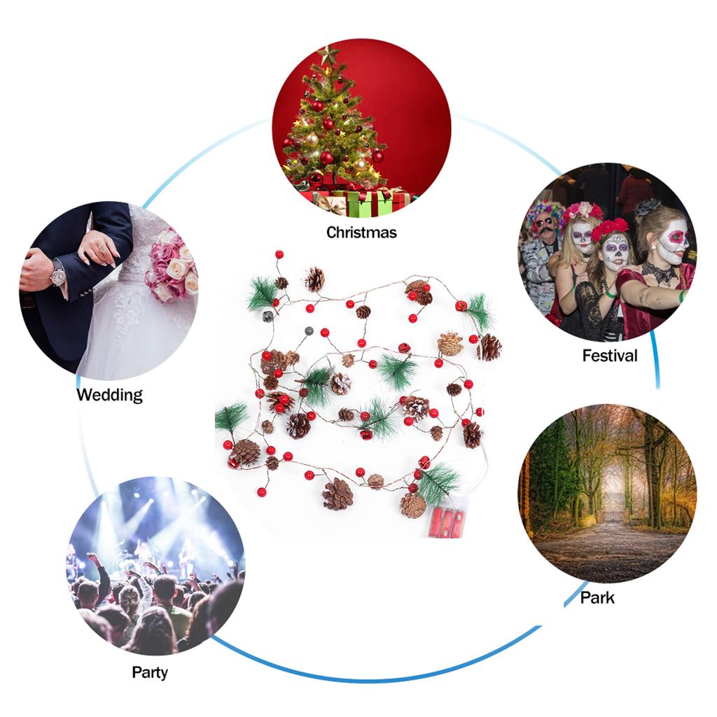 2/3M LED rote Fruchtglocke, Tannenzapfen, Kiefernnadel Lichterkette, festliches Neujahrszuhause, Weihnachtsdekoration, Partyatmosphäre