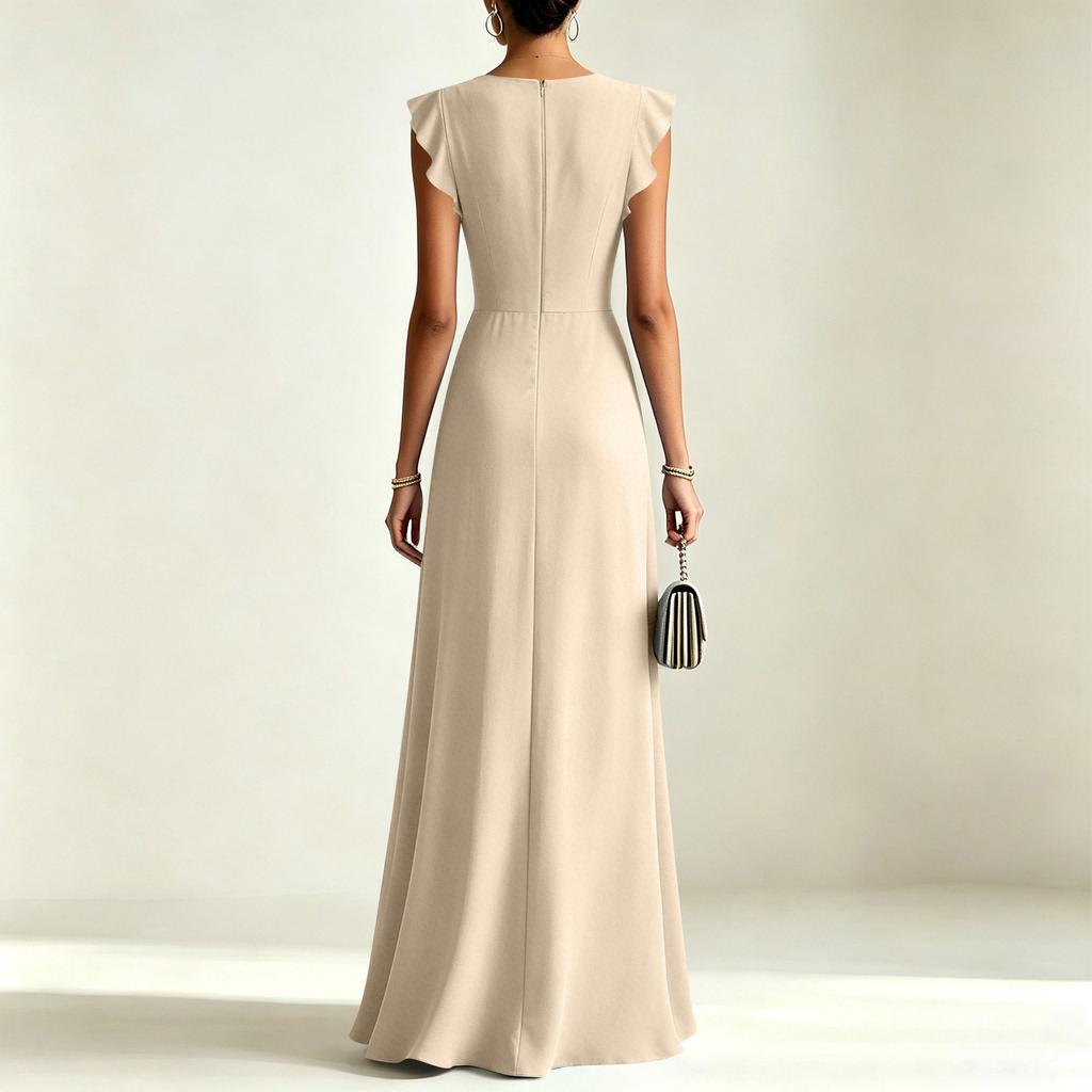 Women V Neck Short Sleeve Ruffle Hem Ruched Maxi Dress with Waist for Formal and Evening Occasions