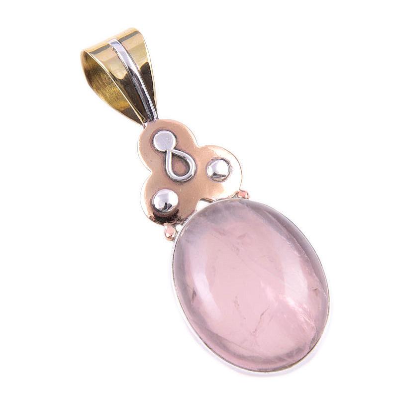 Natural Rose Quartz 925 Solid Sterling Silver Jewelry TwoTone Pendant 1.75" Y7Y42