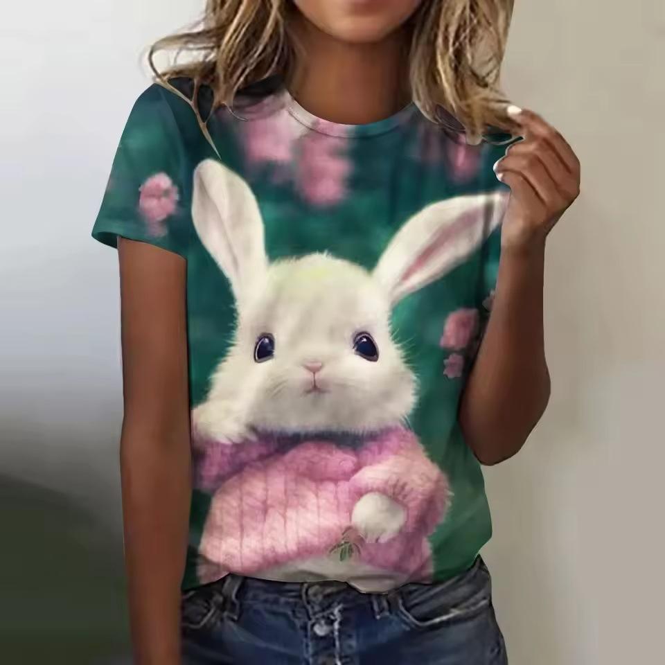 Rabbit Print Women's Top Crew Neck Short Sleeve Comfortable T-Shirts Women’s