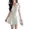 Academy style white simple shirt skirt polo collar dress women's small temperament versatile pleated short skirt summer