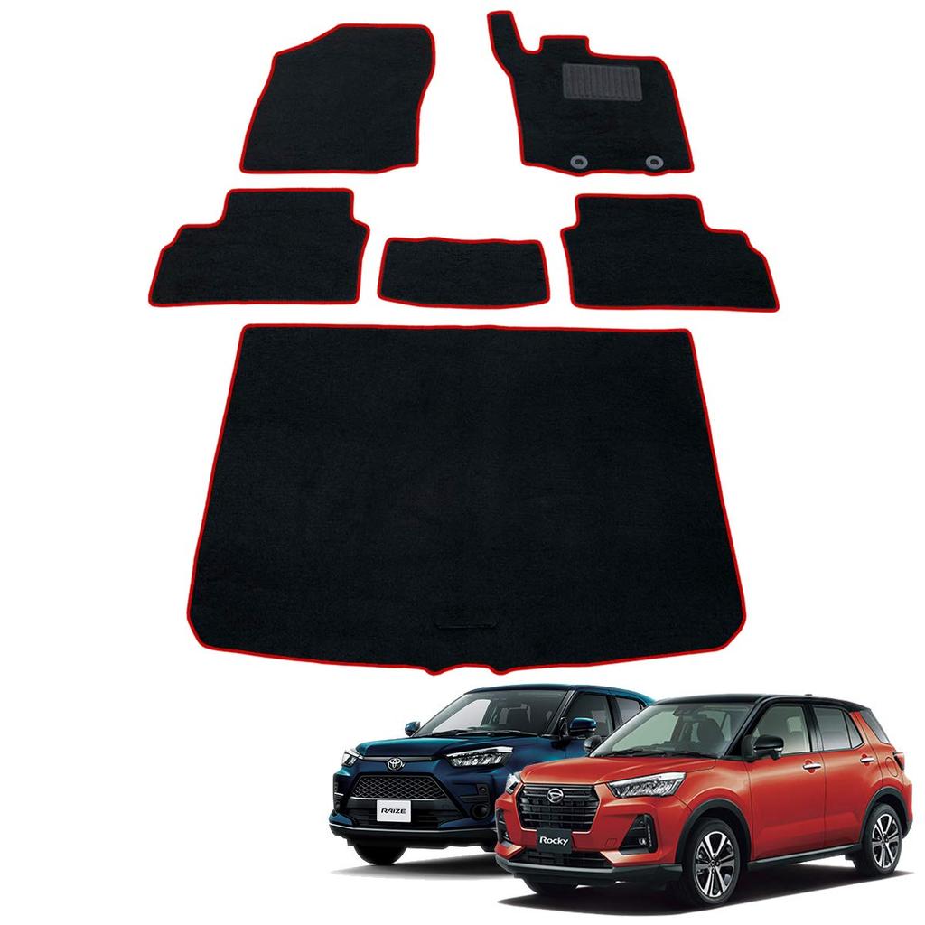Fenice Car Floor Mats and Luggage Mat Made in Japan with Daihatsu Rocky and Toyota Raize 200 Black with Red Locking Stays in Place Accessories Set,