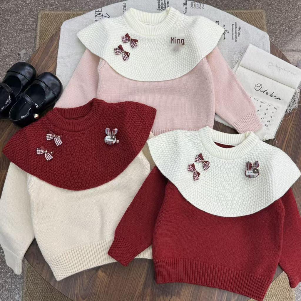 Girl's Red Rabbit Bow Ruffle Knit Sweater - Round Neck, Autumn/Winter Collection