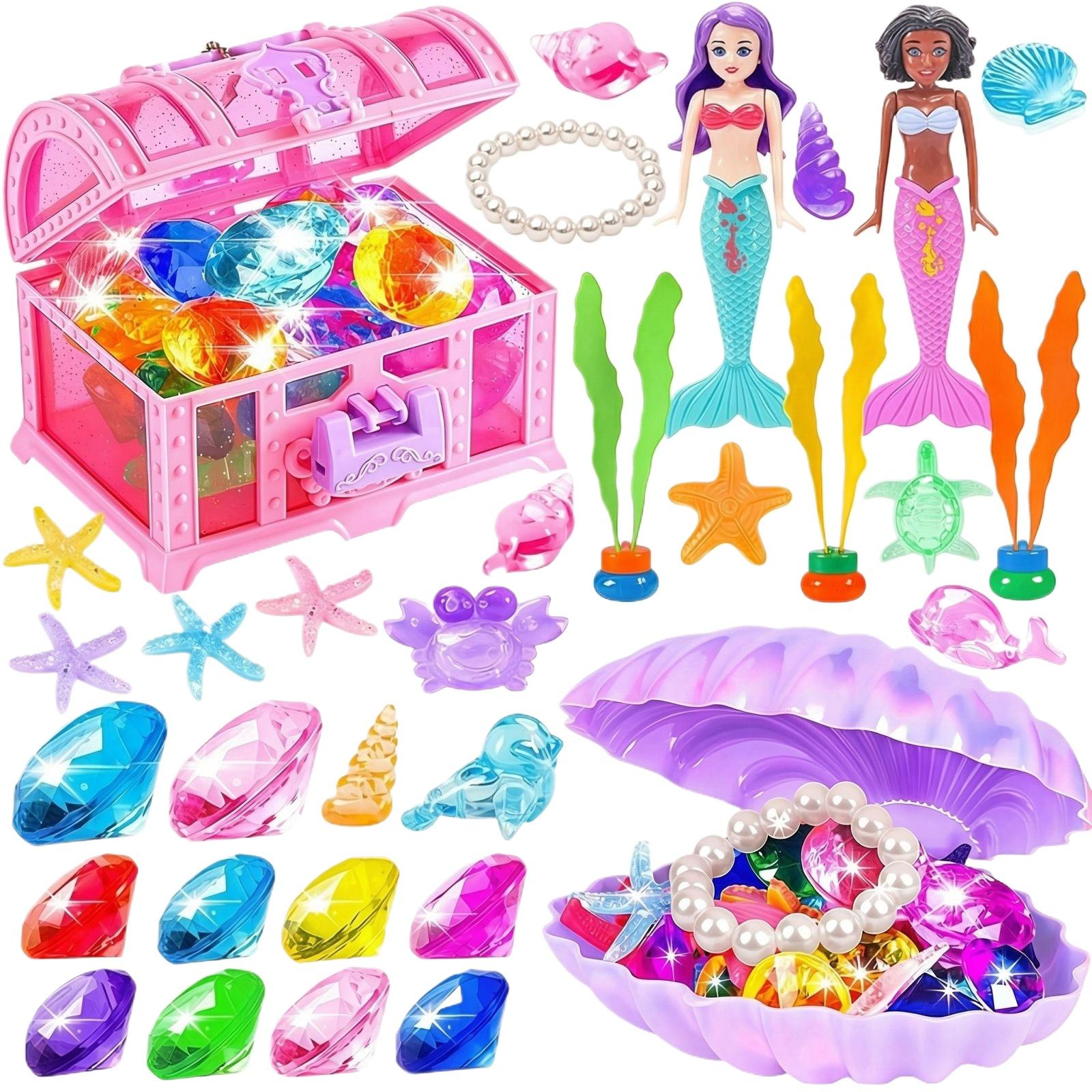 Children s Underwater Treasure Hunt Toy Set Includes Mermaid Figures Sea Creatures Treasure Chest and Assorted Gemstones for Imaginative Play One Size