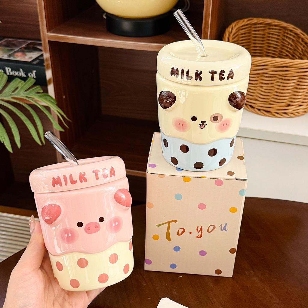 Cute Polka Dot Animal Ceramic Straw Cup with Lid Children's Household Cup  Girly Heart Creative Gift Souvenir