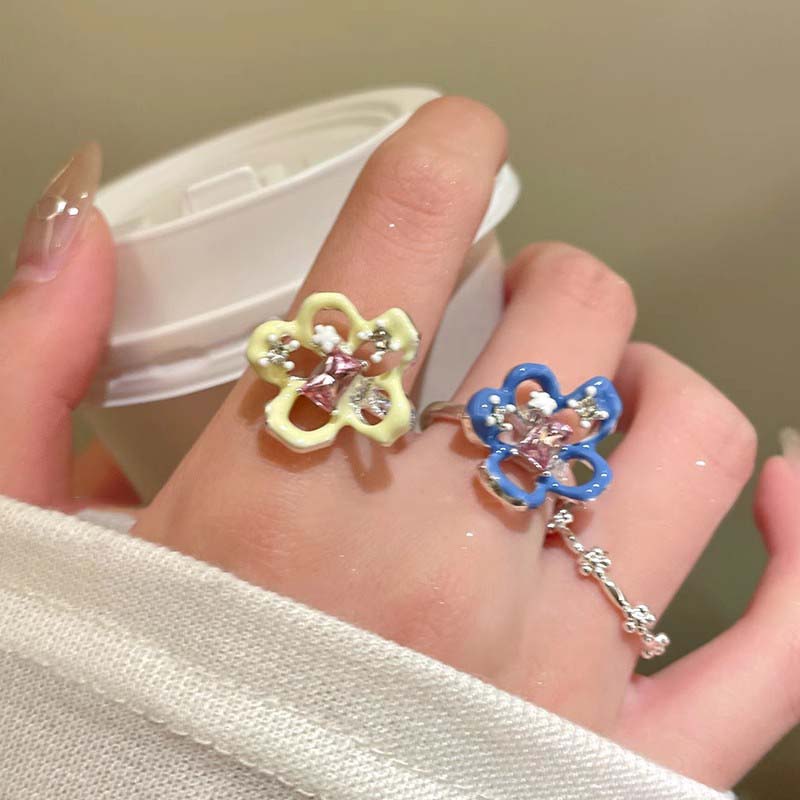 Y2K Colorful Drip Oil Flower Rings for Women Sweet Cute Geometric Block Zircon Rings Fashion Aesthetic Jewelry Gifts Wholesale