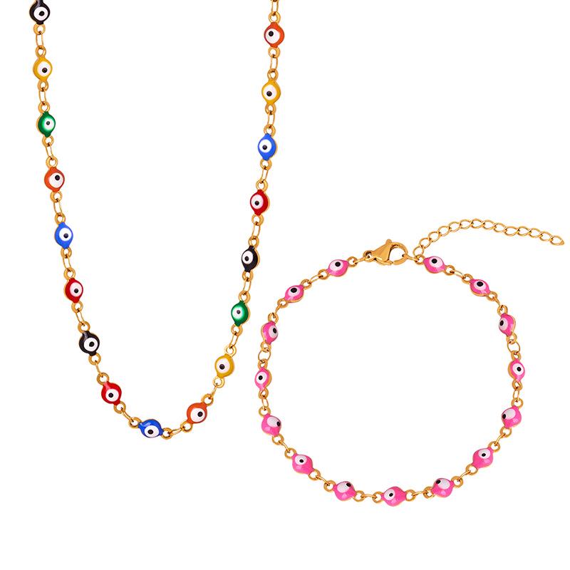 French Retro Colorful Enamel Titanium Steel Necklace & 18K Gold Bracelet - Versatile Personalized Niche Jewelry for Women