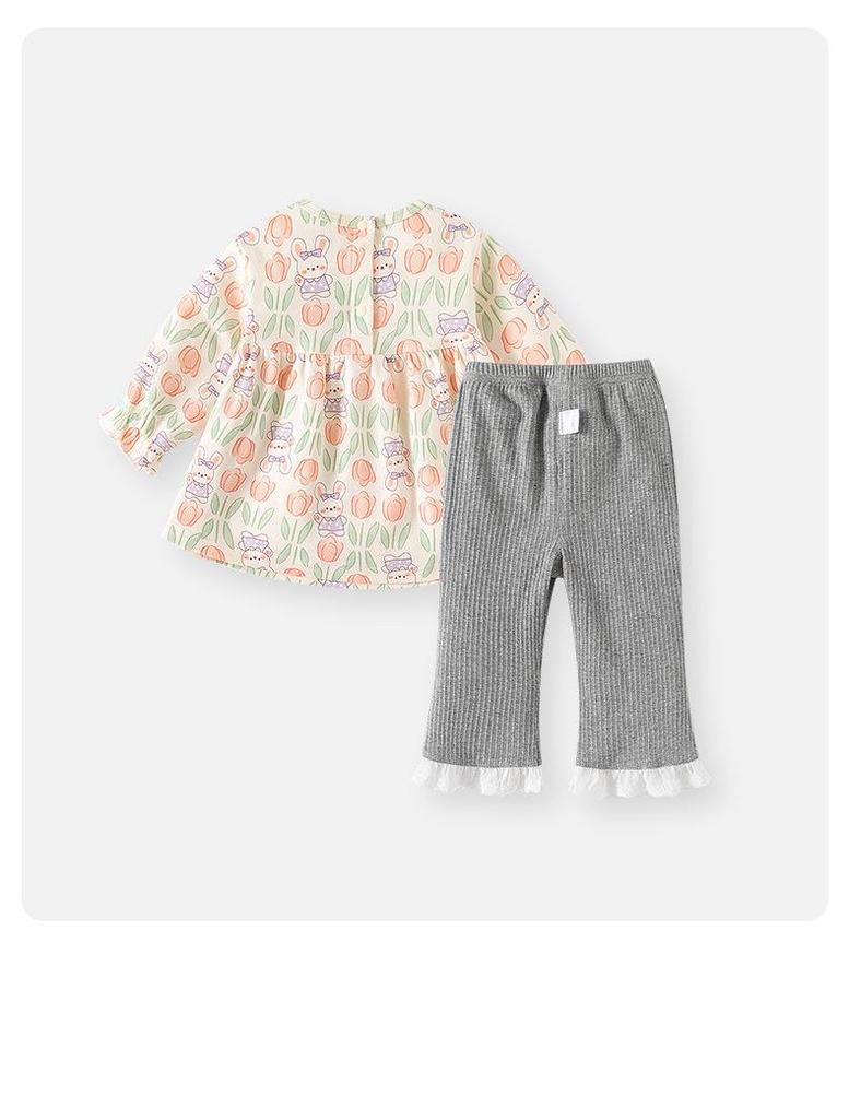Girls' Floral Print Cotton Two-Piece Set - Long Sleeve Top & Pants for Spring/Autumn