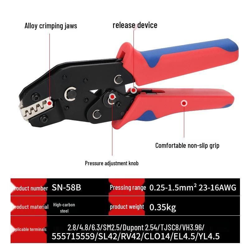 Spring Insert Ratchet Crimping Pliers SN-58B - Cold Press & Insulated Terminal, Multi-Jaw Bare Terminal Crimp Pliers.