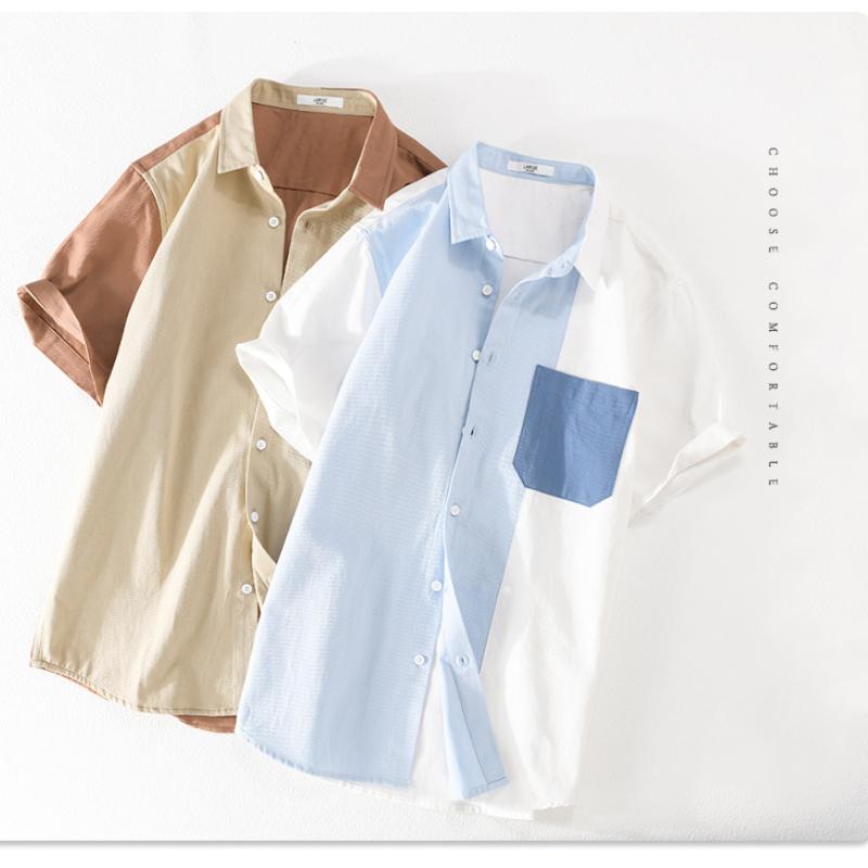 Summer Shirts for Men Youth Streetwear Casual Men Tops Pure Cotton Short Sleeve Shirt Korean New Fashion Stitching Shirt with Pocket