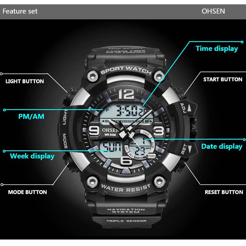 OHSEN Digital Quartz Military Sport Watch Men Alarm 50M Waterproof LED  Light Shock Silver Fashion Wristwatches Relogio Masculino