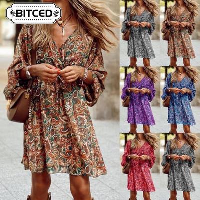 Women's Fashion Long Sleeve V-Neck Casual Dresses