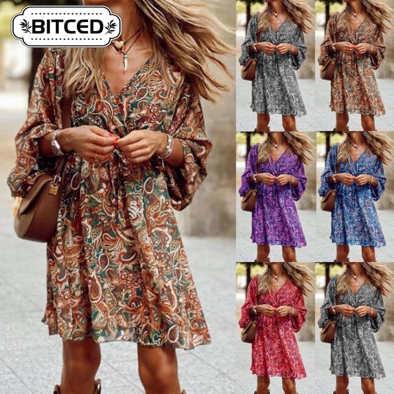 BITCED Women's Fashion Long Sleeve V-Neck Casual Dresses