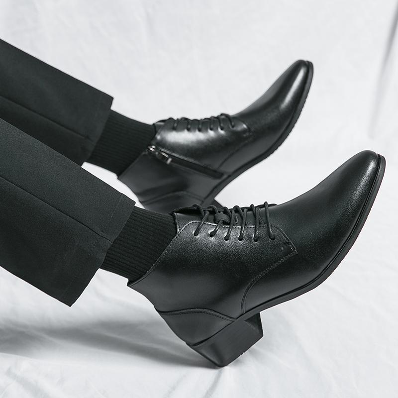 Men's Korean Style Mid-Calf High Heel Leather Boots - Pointed Toe Hairstylist Business Shoes