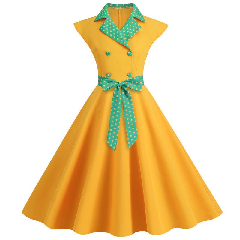 

2023 Elegant Polka Dot Lapel Dress with Slimming Wide Hem and Belt Extra Large жёлтый