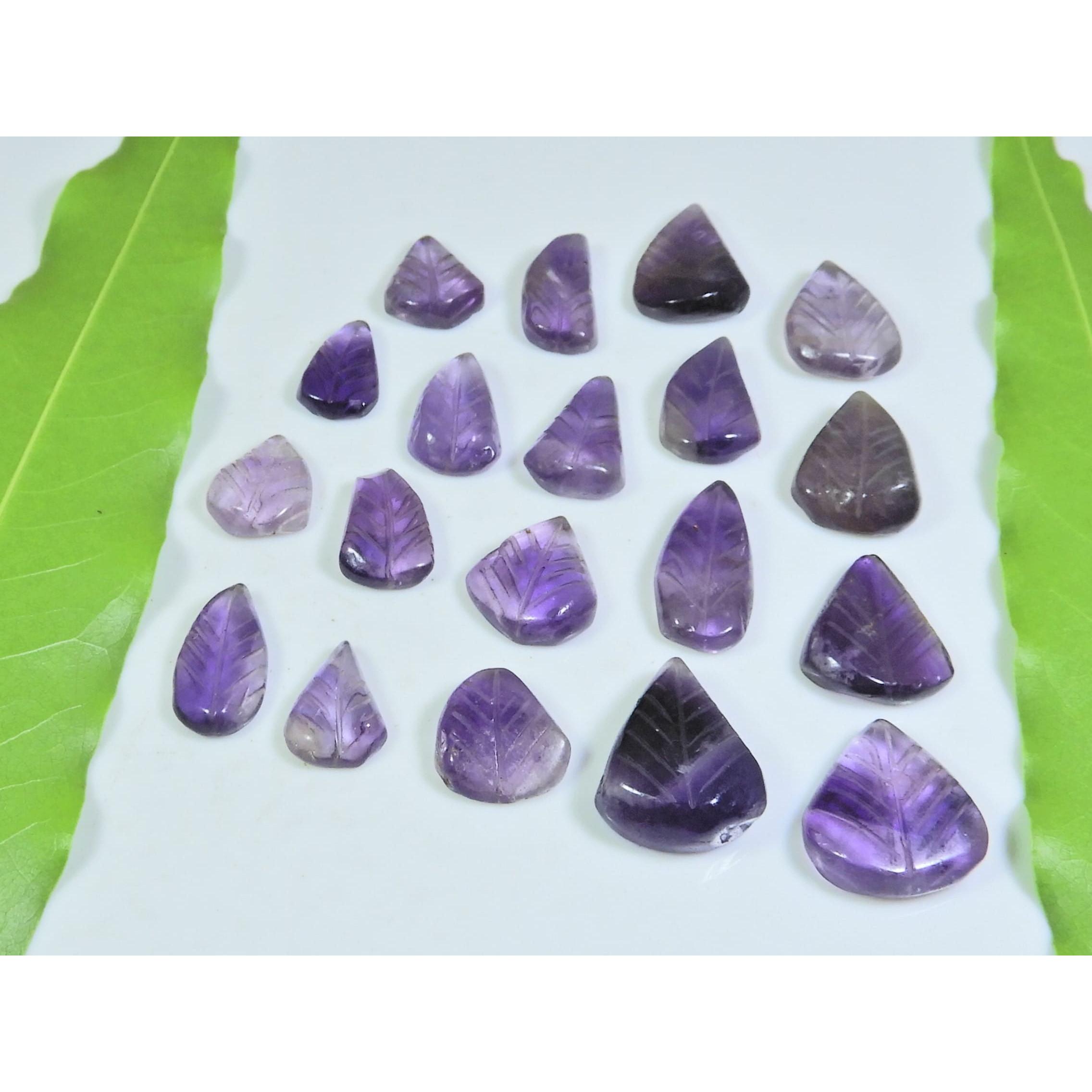 

98Cts. Natural Amethyst Leaf Carving Pear Cabochon Loose Gemstone 19Pcs Lot A-543