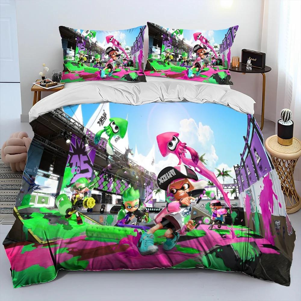 Anime-Themed Splatoon Design Bedding, 3D Digital Print, All-Season Polyester Quilt Cover & 1/2 Pillowcases