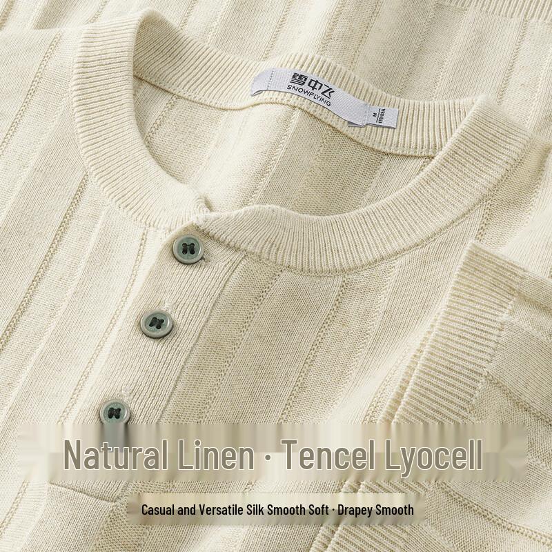 SNOWFLYING Men s Linen-Tencel Striped Knit Short Sleeve T-Shirt L