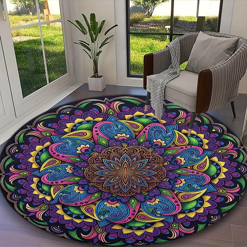 1pc Lush Floral Mandala Printed Chair Rug for Home Office Use, Living Room Kitchen Game Room Round Carpet