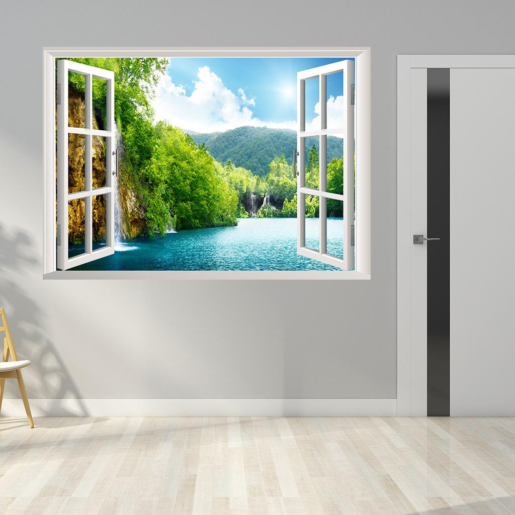 57*90cm 3DMountain Wild Lake Natural Scenery False Window Wall Painting Living Room Bedroom Removable Wall Sticker Hoom Decor