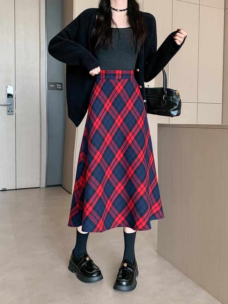 Plus Size Women s High Waist Wool Plaid Midi Skirt 4XL