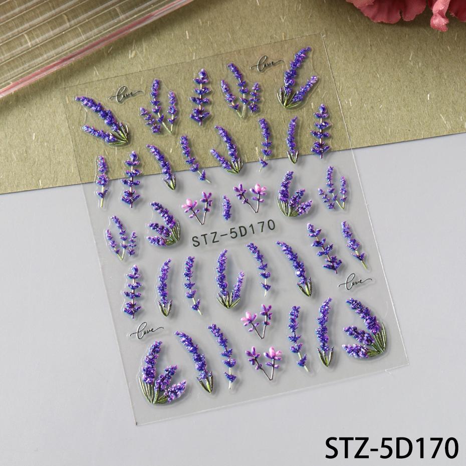 2 Pcs 5D Embossed Elegant Lavender Flowers Nail Stickers Bright Florals Adhesive Nail Decals Spring Petals Nail Access