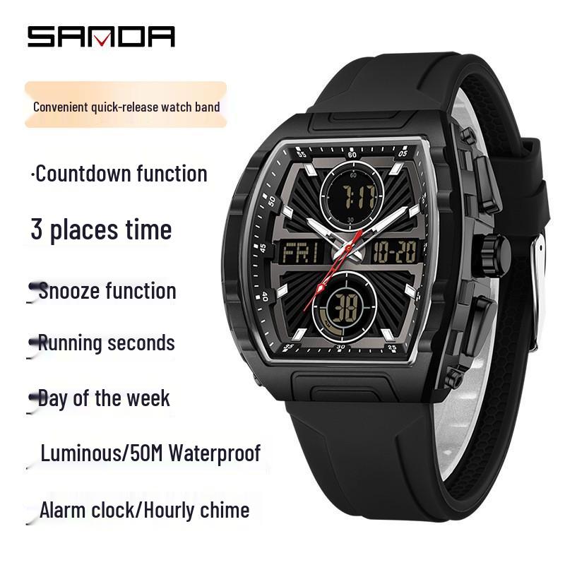SANDA Men s Barrel-Shaped Watch: Detachable Strap, Dual Display, Multifunctional, Sporty, Waterproof.