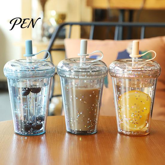 Handheld Drinkware for Campus Transparent Straw Cup, with Sequins Decor And Leak Proof Cute Milk Tea Cup Girls Lid, Reusable Plastic Sippy Students
