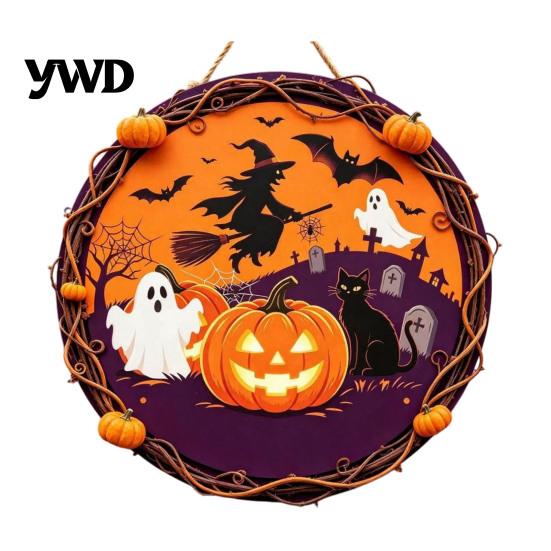 Farmhouse Door Hanger Vintage Wooden Halloween Welcome Hanger, Pumpkin Ghost Skull Witch Wall Indoor Hanging Sign, Decor for Front Porch Decoration