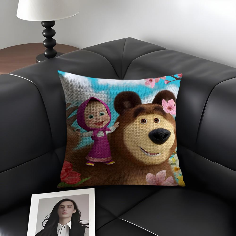 MMasha And The BearR Cartoon Cushion Cover Natural Linen Organic Fabric DoubleSided Printing Sofa Home Decor Gift Pillow Case