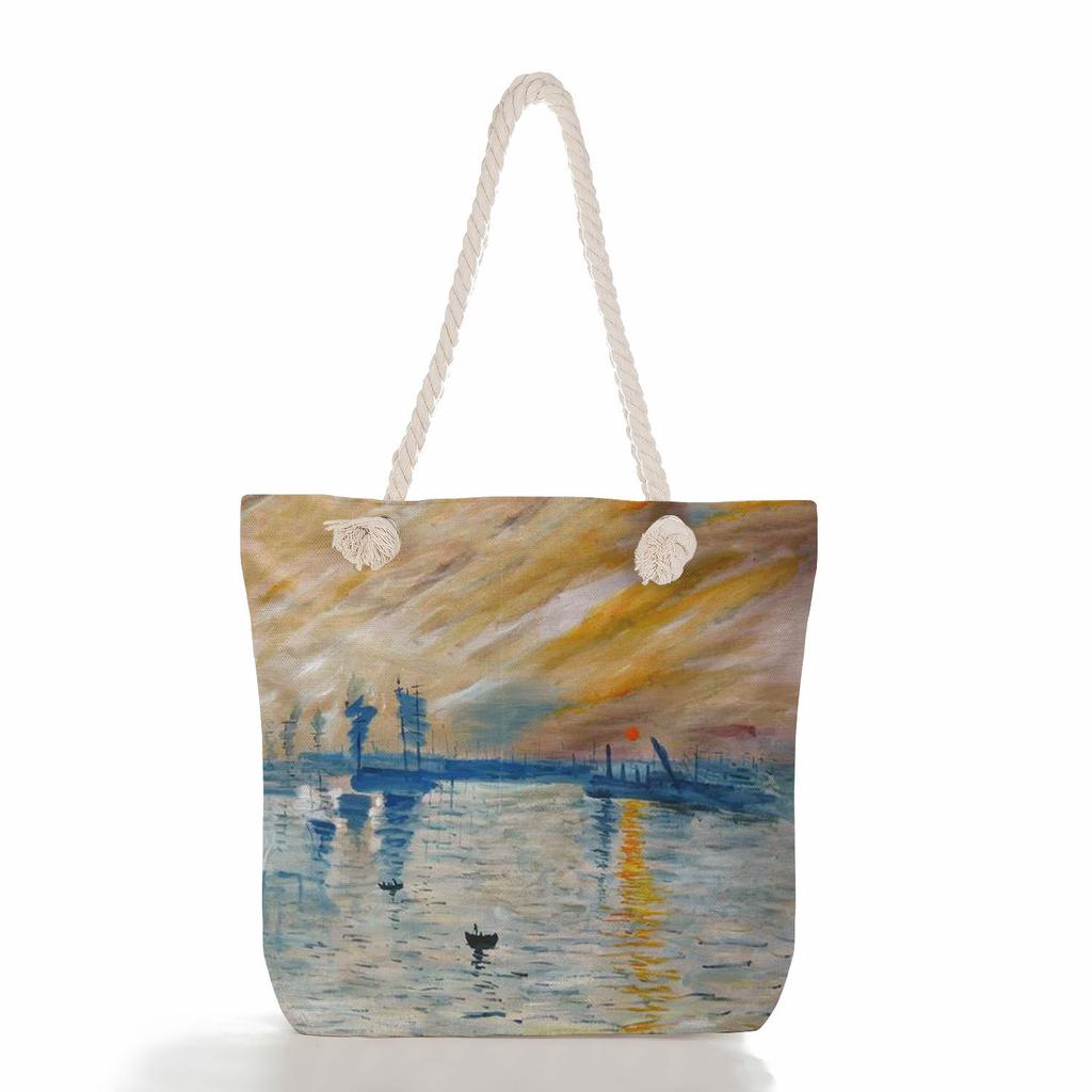 Creative oil painting print thick rope single-shoulder beach bag 7267 CLE