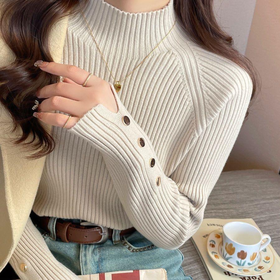 Autumn Winter Sweater Women Pullovers Long Sleeve Tops Clothes Slim Knit Soft Jumper Streetwear Button Turtleneck Sweater