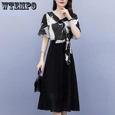 Female Summer Print Laced Chiffon Dress Temperament V-neck High Waist Mid-length Dresses