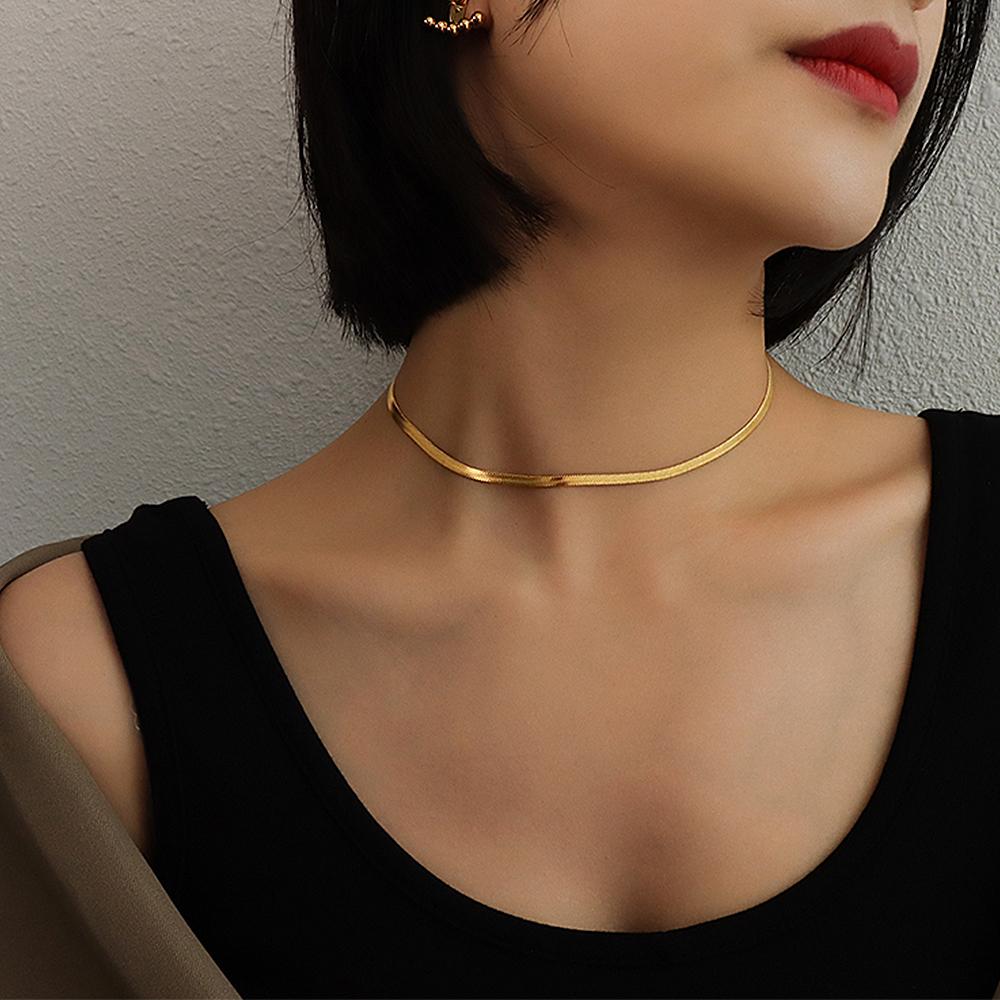 Flat Snake Chain Necklaces Matching Bracelets In 18k Gold Plated Stainless Steel Herringbone Chains Necklace Bracelet  For Women