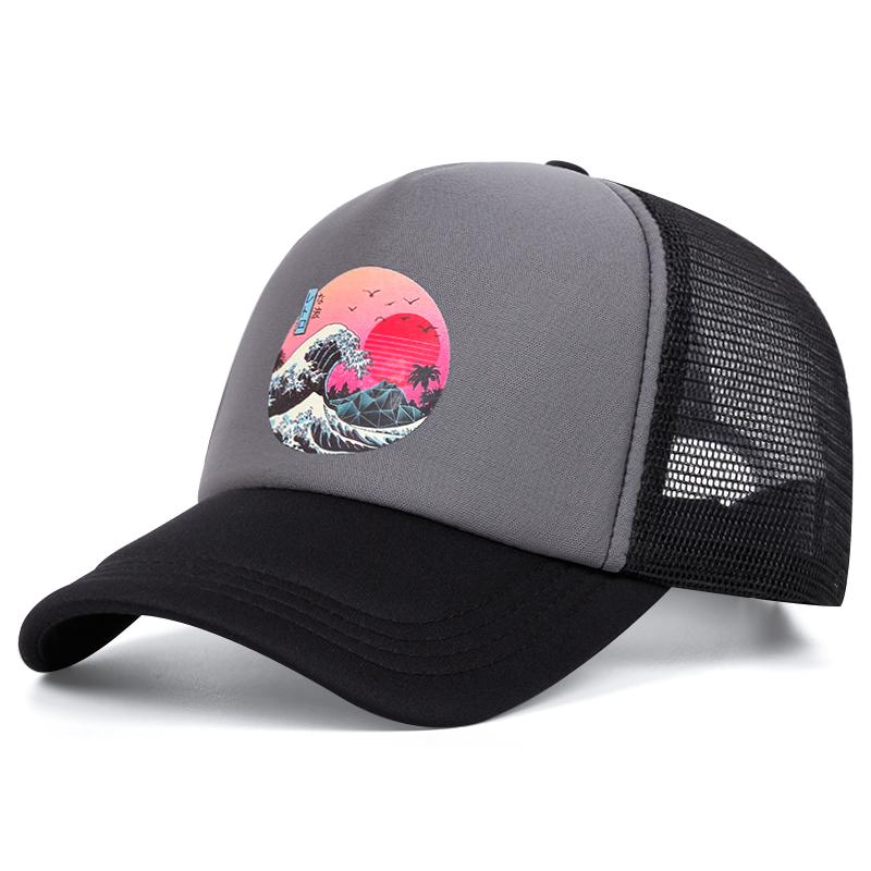 Modna czapka z siatki z ikoną fali, czapka baseballowa, męska, damska, regulowana, hip-hopowa, typu snapback, dla dorosłych, unisex, chroniąca przed słońcem, kapelusz kowbojski
