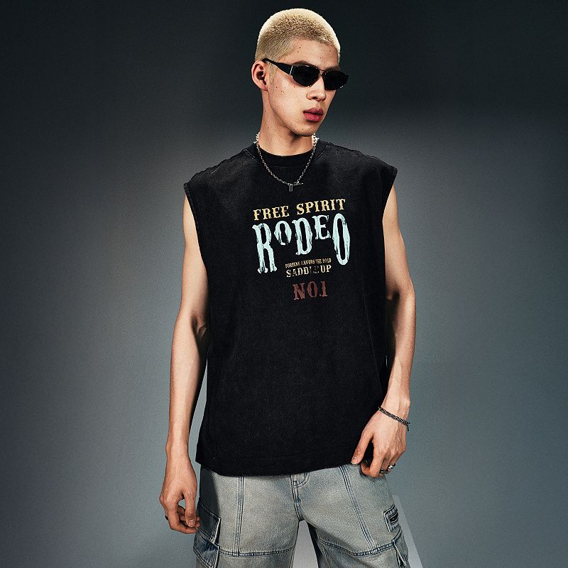 

HM Men s Clothing Vest 2025 Summer New Washed Distressed Loose American Sleeveless Print Top 1271806