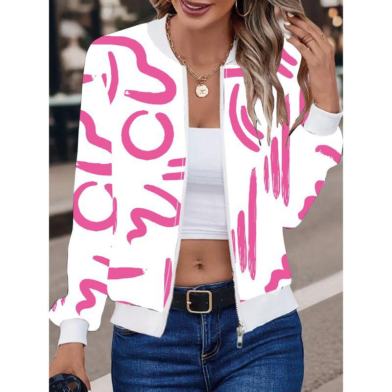 

New Fall Women s Clothing Fashion Wind Retro Casual Digital Print Zipper Short Jacket round Neck Slimming Long Sleeves Tops Pink 2XL
