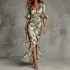 European and American New Women's V-neck Sexy Holiday Style Temperament Slim Print Design Dress Women's Clothing