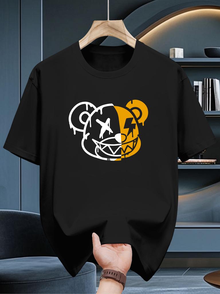 100% Cotton Men's Casual Loose T-shirt Trendy and Fashionable Bear Pattern Printed Breathable Round Neck Short Sleeved Top