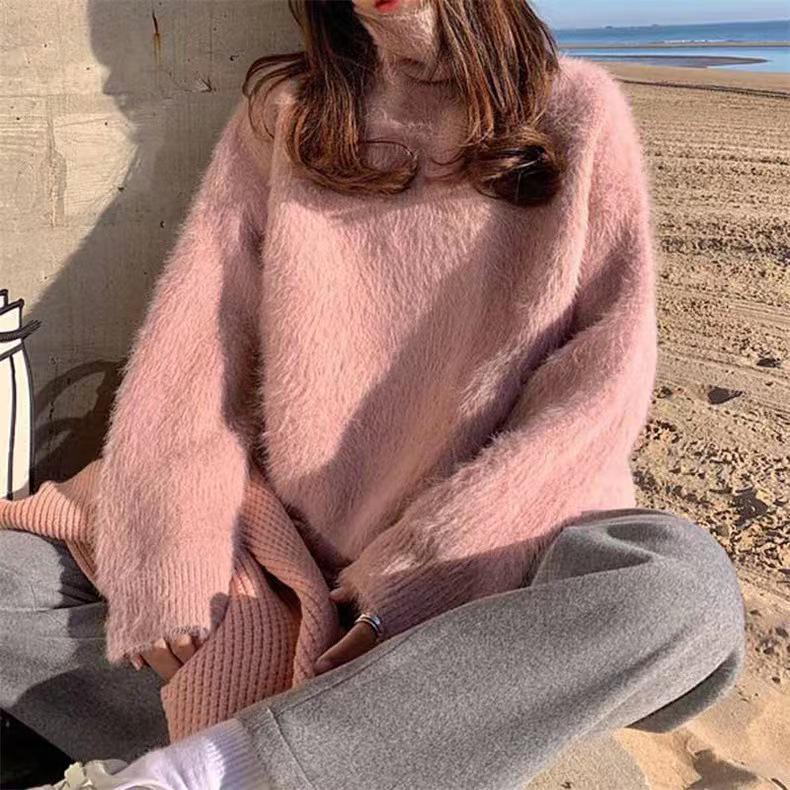 Women's Soft & Fluffy Faux Mink Fur High Neck Pullover Sweater - Autumn/Winter Trend