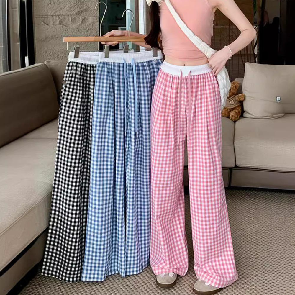 Petite Pink Plaid High Waist Wide Leg Summer Trousers for Women